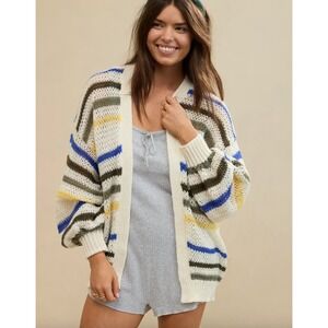 Aerie Slouchy Cardigan Sweater Medium White Multi Stripe Open Knit Boho Oversize